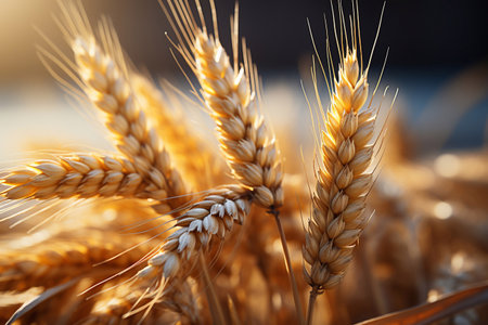 Radiant Crops Sunrise Illuminates Closeup Image of Wheat Field by Generative AIの素材