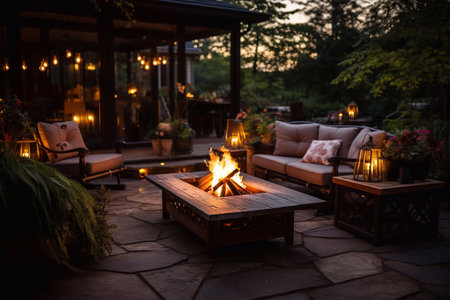Fiery Haven Image of Backyard Fire Pit Brought to Life by Generative AIの素材