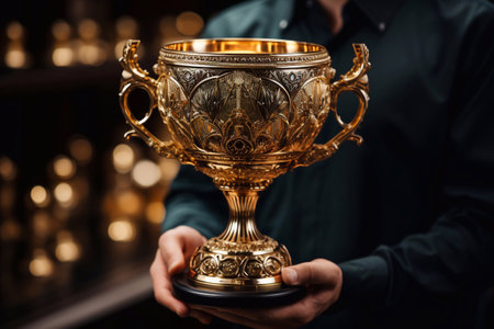 Gilded Vision Hand Holding Gold Cup Transformed into Trophy of Gold Generative AIの素材