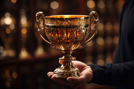 Glory's Embrace Handclasp on Gold Cup Trophy Crafted with Gold by Generative AIの素材