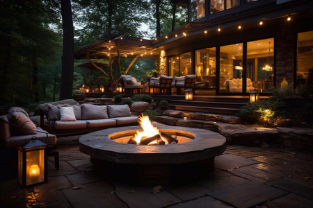 Gentle Fireside Glow Image of Backyard Fire Pit Background Illuminated by Generative AIの素材