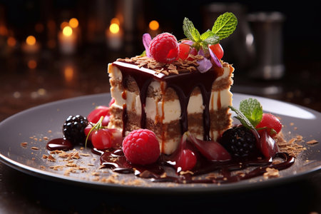 Sweet Sensation Image of Cake Slice on Plate Created with Generative AIの素材