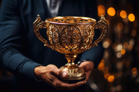 Golden Pursuit Hand Holding Cup of Victory Trophy Awe-Inspired by Generative AIの素材