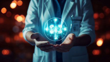 digital healthcare doctor and ui icon in his hand, open hand of doctor generative aiの素材