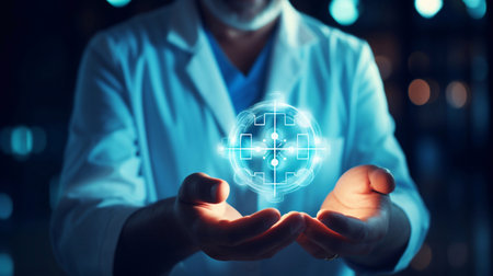digital healthcare doctor and ui icon in his hand, open hand of doctor with glowing ui overlay generative aiの素材