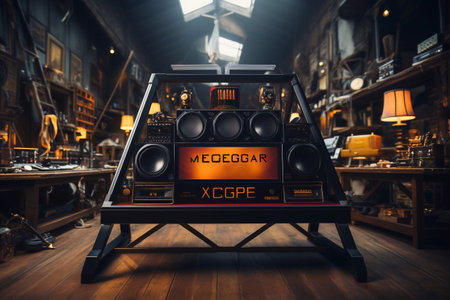 photo of electronics elements scene, big speakers with stand in a studio generative aiの素材