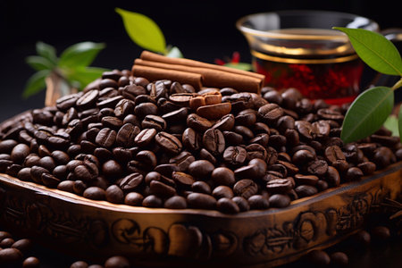 Coffee beans and cup of black tea with cinnamon on black background Generative AIの素材