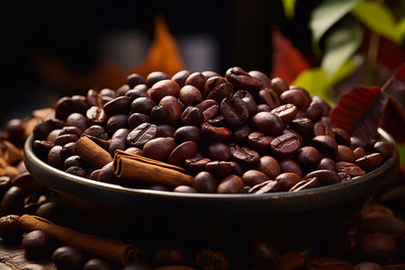 Coffee beans in a bowl on a dark background. Selective focus. Generative AIの素材
