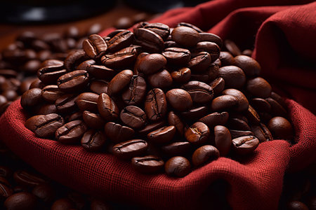 Coffee beans with green leaf on dark background, close up Generative AIの素材
