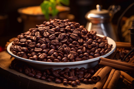 Coffee beans on a wooden background. Selective focus Generative AIの素材
