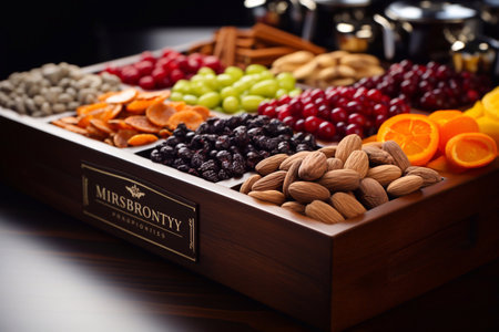 Mixed dried fruits and nuts in wooden box on dark background. Generative AIの素材