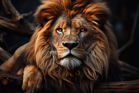 a photo of Portrait of a male lion with big mane in the background Generative AIの素材