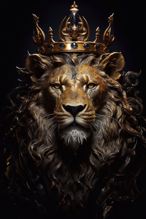 Lion king with golden crown on black background. Fantasy illustration. Generative AIの素材
