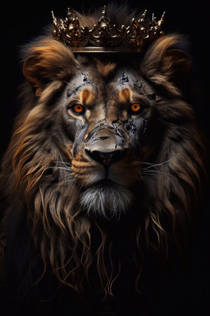 Lion king with golden crown on black background Fantasy illustration. Generative AIの素材
