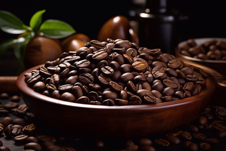 Coffee beans in a wooden bowl on a black background. Generative AIの素材