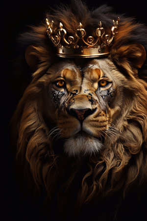 Aggressive Lion king with golden crown on black background. Fantasy illustration. Generative AIの素材