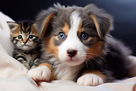 A close up of Shetland Sheepdog puppy and tabby kitten sitting on the grass Generative AIの素材