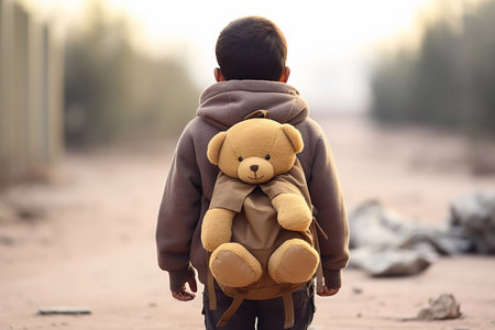 Rear view of a little boy with a big teddy bear Generative AIの素材