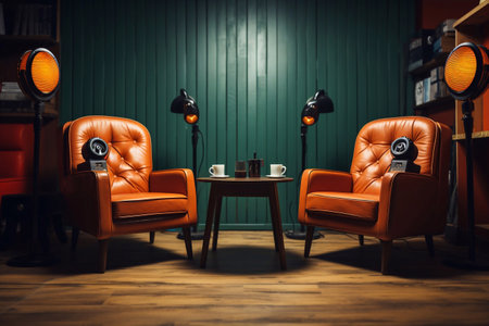 A picture of Two orange leather armchairs in a studio. Barbershop interior. Generative AIの素材