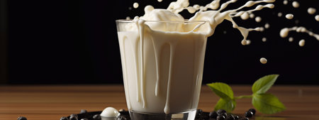A image of Milk splash in a glass with almonds on a dark background. Generative AIの素材