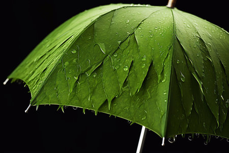 A photo of Green umbrella in the rain on a background of green grass, close up Generative AIの素材