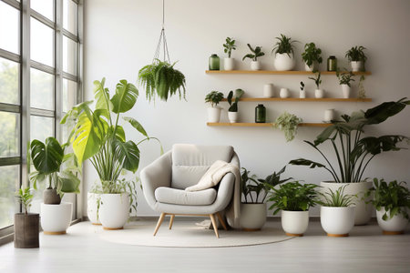 A photo of Living room interior with sofa, bookshelf and plants in pots Generative AIの素材