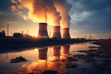 A shot of Cooling towers of nuclear power plant in sunset light. Toned. Generative AIの素材