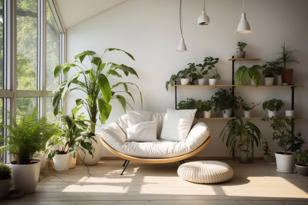 A image of Living room interior with sofa, bookshelf and plants in pots Generative AIの素材