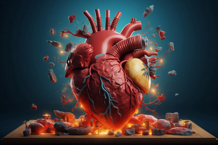 A shot of Human heart with blood vessels on blue background. 3d illustration. Generative AIの素材