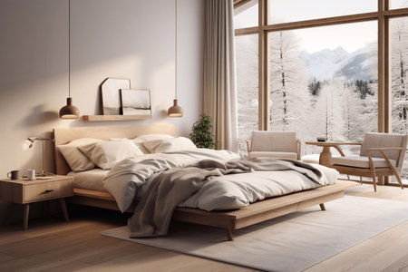 A shot of Modern bedroom interior design with bed, sofa and coffee table. 3D Rendering Generative AIの素材