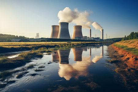 Cooling towers of nuclear power plant in sunset light. Toned. Generative AIの素材