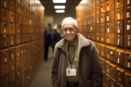 Portrait of senior man standing in archive at university. Focus on his face Generative AIの素材