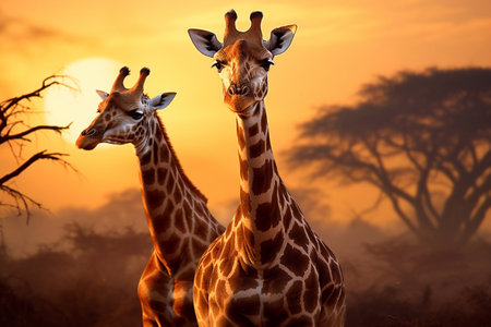 Two giraffes at sunset in Kruger National Park, South Africa Generative AIの素材