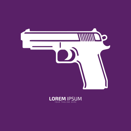 Minimal and abstract logo of gun vector pistol icon weapon silhouette isolated template design on purple backgroundのイラスト素材