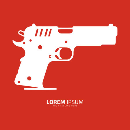 Minimal and abstract logo of gun vector pistol icon weapon silhouette isolated template design on red backgroundのイラスト素材