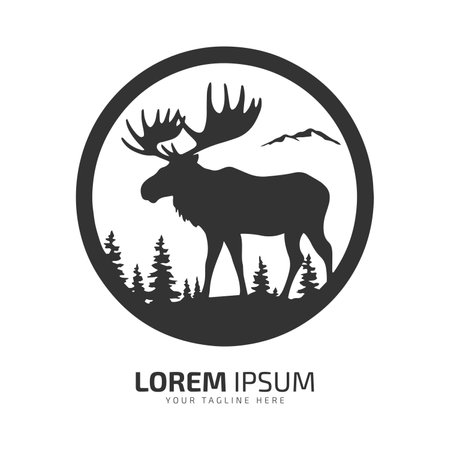 Minimal and abstract logo of moose vector elk icon fur silhouette isolated template design in circle and mountainのイラスト素材