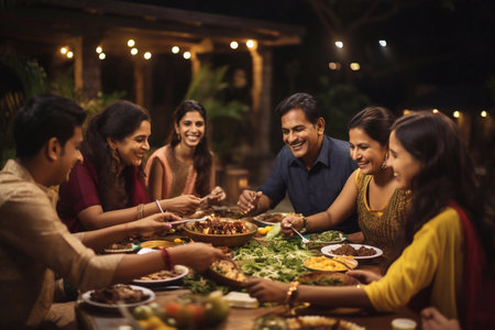 Indian family having dinner together at home in the evening, india on bokeh background Generative AIの素材