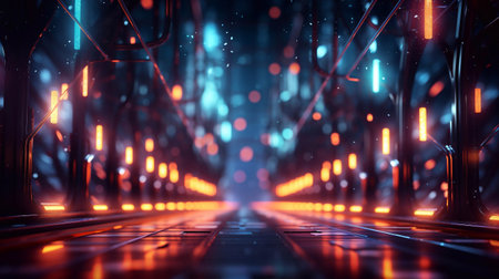Futuristic corridor with neon lights and reflections 3D rendering background Generative AIの素材