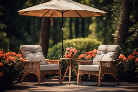 Wooden table and chairs in the garden. couple special sitting in park Generative AIの素材
