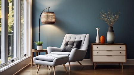 Interior of the living room with a blue wall, a sofa and a vase with flowers. 3d render Generative AIの素材