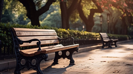 Bench in the park in autumn. Selective focus on bench. garden on background Generative AIの素材