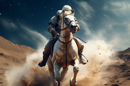 Astronaut riding a horse in the desert. 3d rendering a man riding horse in desert with stars in the background Generative AIの素材