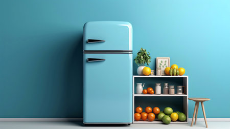 a image of Blue refrigerator on a blue background with snowdrift. 3d rendering deep freezer, fridge Generative AIの素材