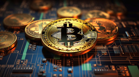 Bitcoin Cryptocurrency bit coin. Digital currency. Golden coin with bitcoin symbol on digital circuit board. Cryptocurrency mining concept. Generative AIの素材