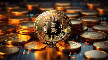 Bitcoin Cryptocurrency Physical bit coin. Digital currency Golden coin with bitcoin symbol on digital circuit board. Cryptocurrency mining concept. Generative AIの素材
