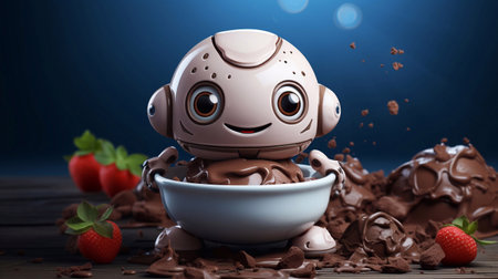 Cute robot eating chocolate and strawberries on dark background. 3d rendering Generative AIの素材