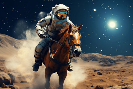 Astronaut riding a horse in the desert. a man riding horse in desert with stars in the background Generative AIの素材