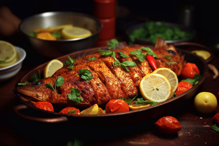 Baked fish with lemon and tomatoes on a wooden background Generative AIの素材