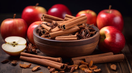 Bowl with cinnamon sticks, apples and spices on dark wooden background Generative AIの素材