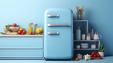 Blue refrigerator on a blue background with snowdrift. 3d rendering deep freezer, fridge Generative AIの素材